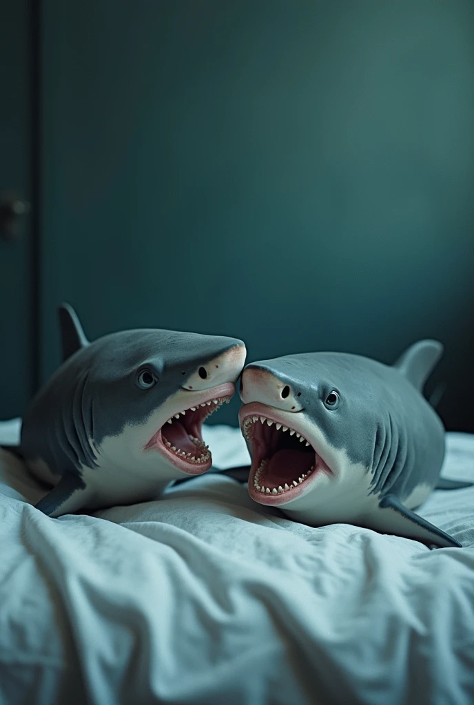 2 sharks having sex on bed, bipedal, one inserting 2 penises into another's anus.