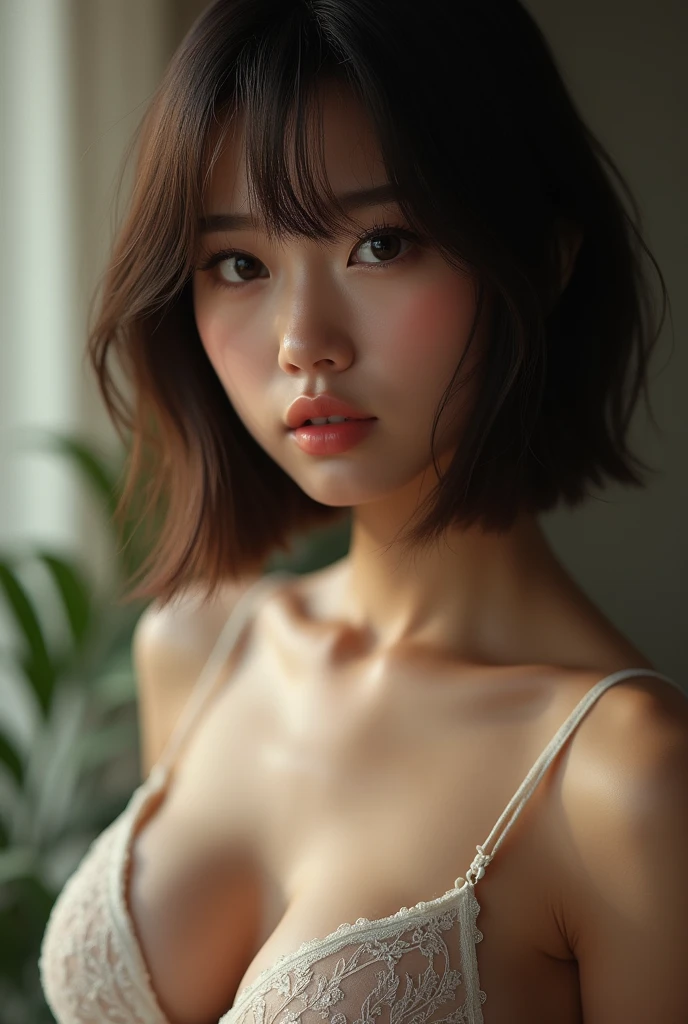 ((Best quality, 8k, Masterpiece, ultra detailed, ultra high res, photorealistic, raw photo, absurdres, absolutely resolution:1.5)), pretty girl, slender abs :1.1, bob cut, large breasts, (thighs focus), ultra-detailed face, highly detailed lips, detailed eyes, double eyelid