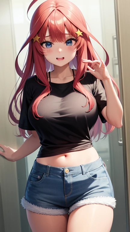 赤い髪と青い目をしたAnime Girls、（Huge Tits）, （Belly button and shoulders are visible）、Loose white t-shirt,No underwear, The shirt has less fabric,  (hot pants:1.2),魅力的なAnime Girls, Anime Girls con pelo largo, 美しいAnime Girls, かわいいAnime Girls, Anime Girls, かわいいAnime Girls, 最高のAnime Girls, Moe anime art style, Cute girl visual anime, 肖像画のAnime Girls, Anime Girls, 魅惑的なAnime Girls, (Anime Girls), 若いAnime Girls、Yellow star hair ornament、The frizzy hair on the top of the head