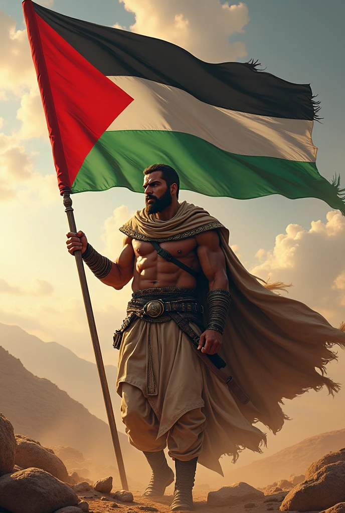 Muslim warrior carrying the flag of Palestine