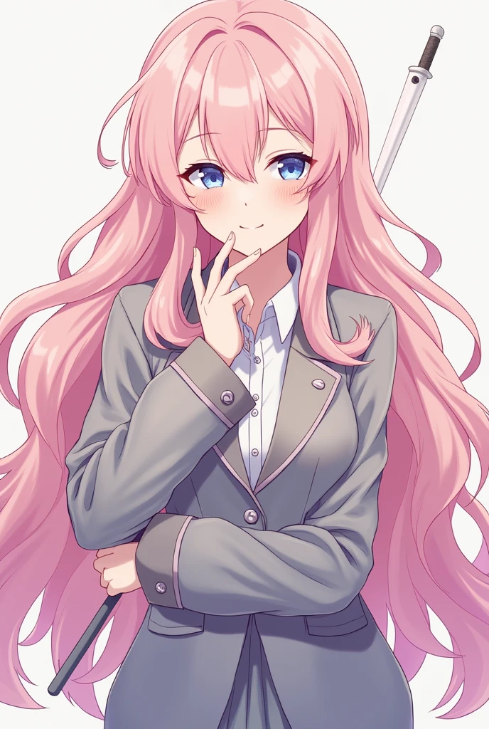 1 woman of 18,  Wavy pink hair that ends at the waist、clear blue eyes. blushed. Eyebrows visible through hair, Face-to-face hearing, hair between the eyes, Put your hand on your cheek, pastel colored hair, long hair, School blazer, long sleeve Sword in hand that allows you to see the whole body light-colored clothing