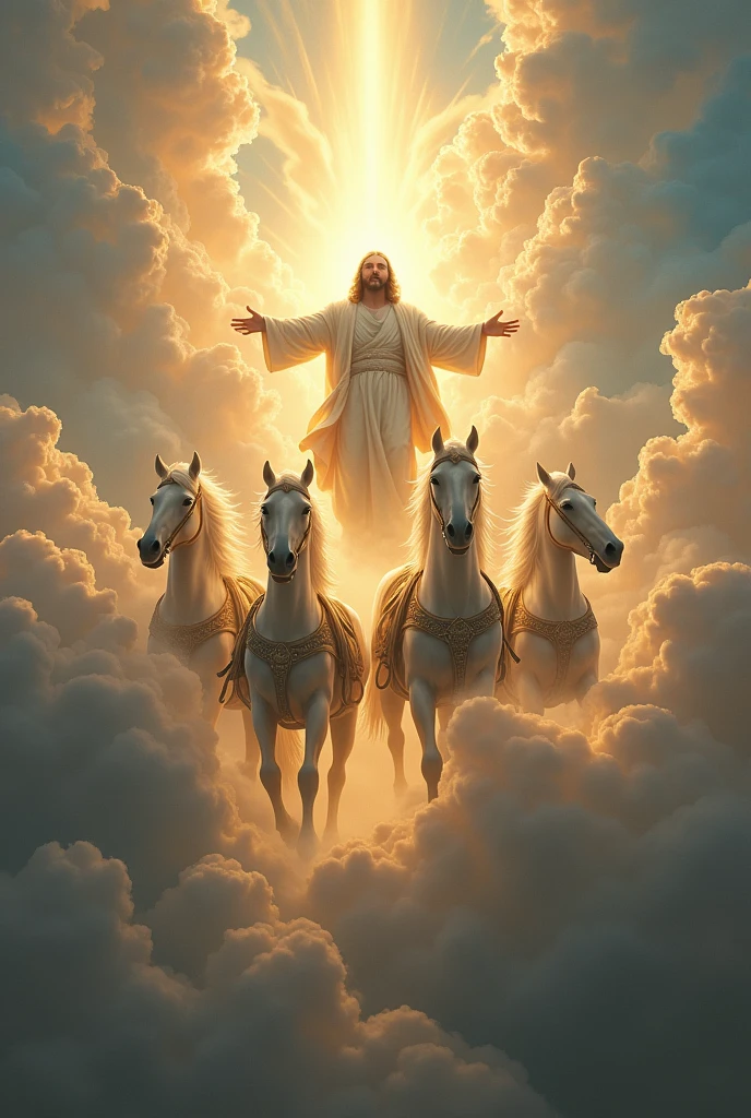 Jesus in the clouds riding on his horses 
