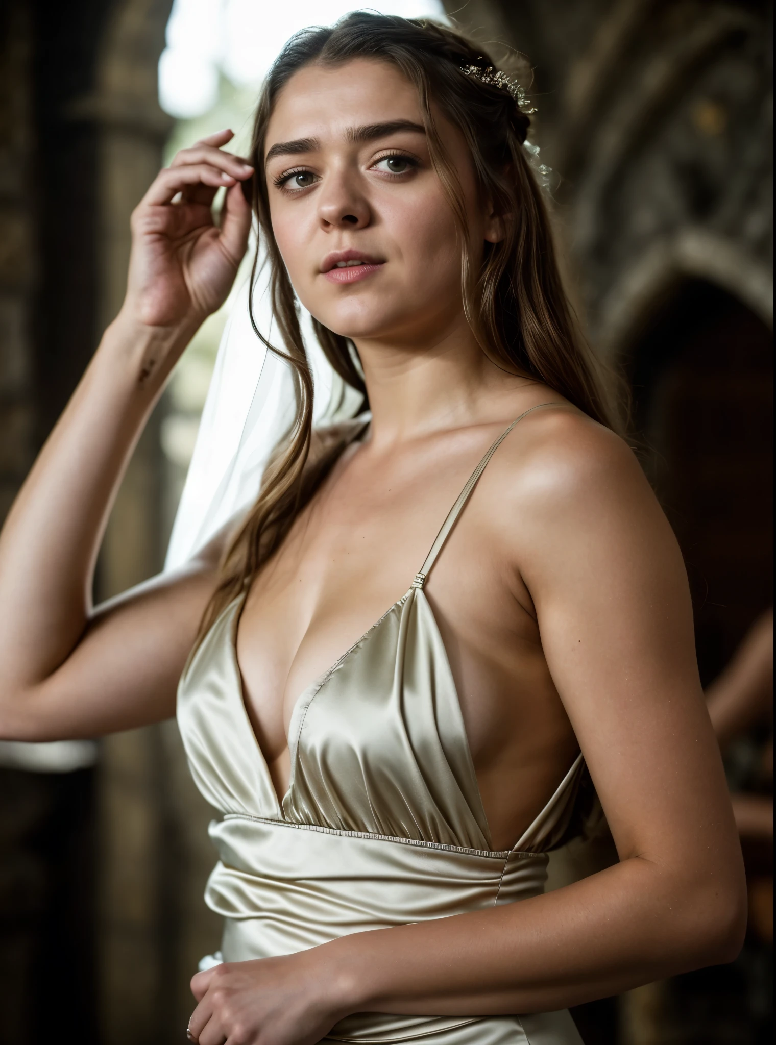Foto RAW, Arya Stark, stunning beauty, Extremely gorgeous lady, Arya Stark PLAYED BY MAISIE WILLIAMS, Queen Arya Stark, she a mature woman now, milf, sexy mediaeval battle dress, gladiator woman, body, 40 years old Woman, Roman slave dress, cotton dress, busty mediaeval costumes, body revealing costumes, perky breast, big natural breast, erotic costumes, lusty physique, seductive figure can capture every people's attention, Game of thrones costumes, revealing captivating figure, Mediaeval costumes, revealing clothes, A tomboy, she would rather fence than dance, warrior queen , game of thrones screen caps, Game of Thrones Series, (pele altamente detalhada: 1.2), 8k UHD, DSLR, soft-lighting, alta qualidade, grain of film, Fujifilm XT3, flawless picture, highly detailed, detailed Beauty, intricate, 32k, sharp picture,