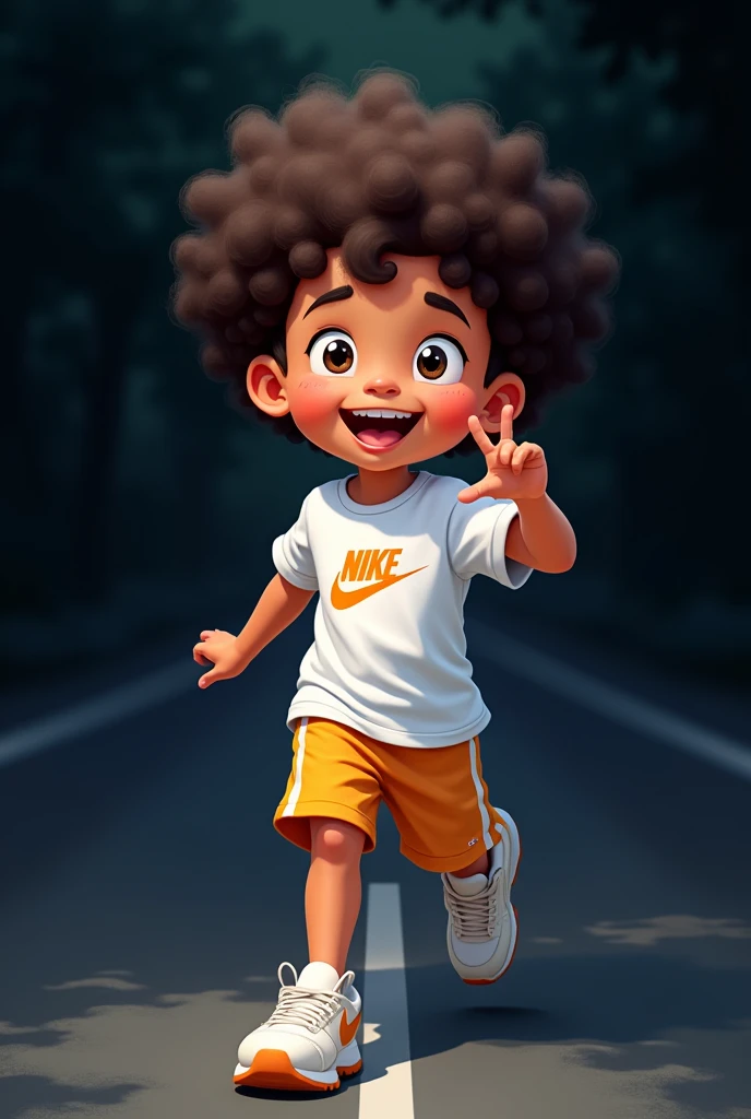 A boy with curly hair wearing white Nike clothes on a dark road background cartoon style 