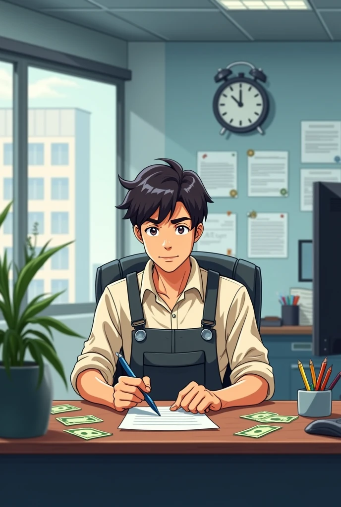 Hi is in office(factory office)
He is series
Some paper and dollar around him
He is an engineer