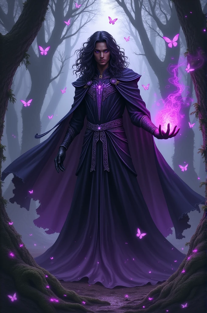I wanted a wizard with dark purple eyes, dark skin, long curly hair, close but because of the magic, there are some purple highlights, your magic is elemental purple violet color, your outfit is black with some purple details, he wears a cape but it is not long, it goes up to the forearm, there are butterflies around him, the background is a completely dark forest, because of the chaos magic it is a little destroyed, kind of dark