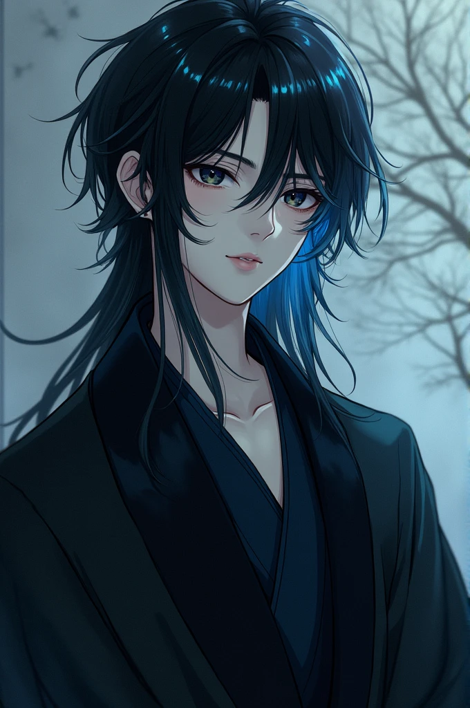 Long haired boy black hair with blue tips black eyes black kimono
