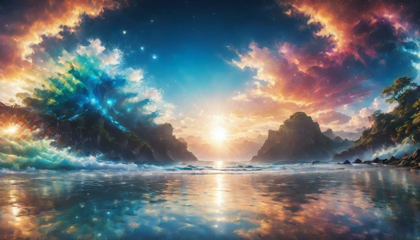 a beach with ultra realistic splashing water, realistic summer beach, real, RAW photo, (ultra detailed background, highly detailed background), surreal, high resolution, extremely detailed, very detailed, glowing, complex
