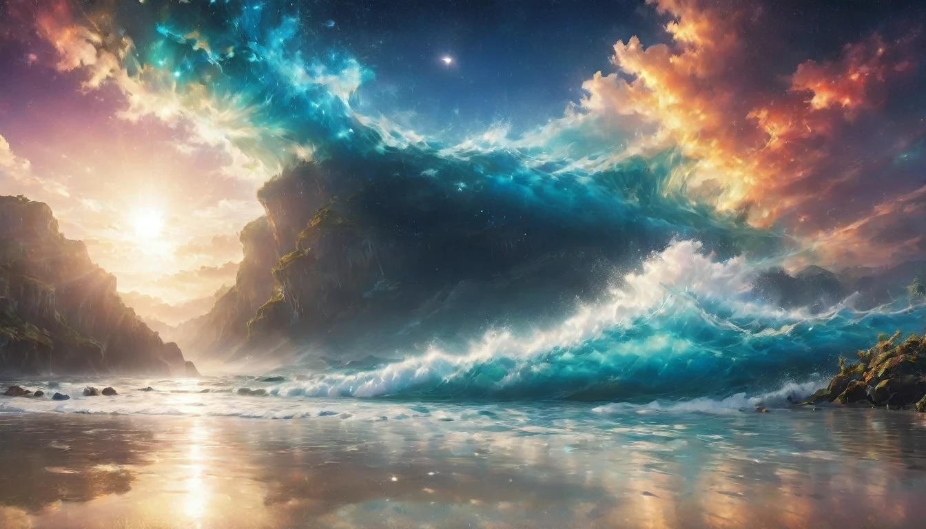a beach with ultra realistic splashing water, realistic summer beach, real, RAW photo, (ultra detailed background, highly detailed background), surreal, high resolution, extremely detailed, very detailed, glowing, complex