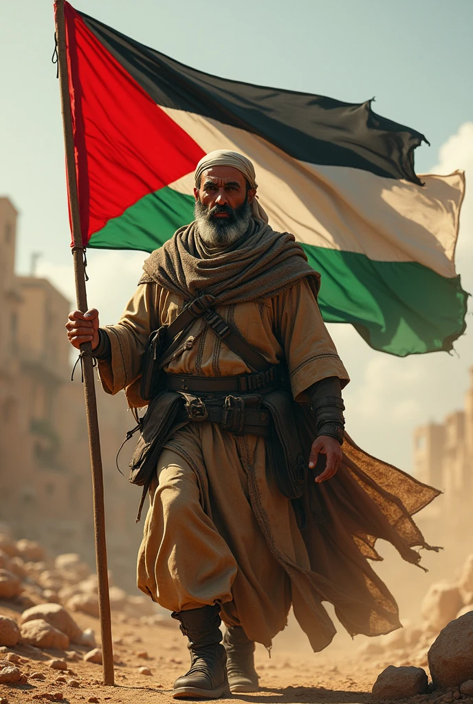Muslim warrior carrying the flag of Palestine