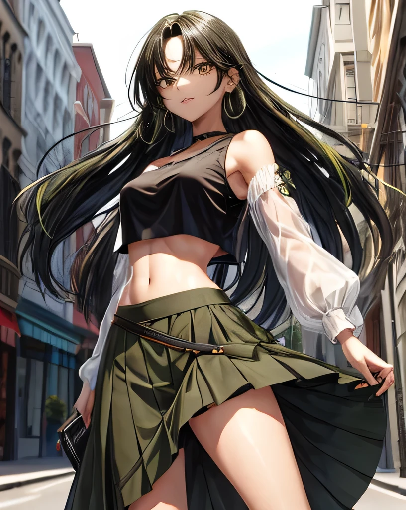 Woman, black hair, green highlights, mid-twenties, brown eyes, long hair, bright clothing, crop top, skirt, olive skin