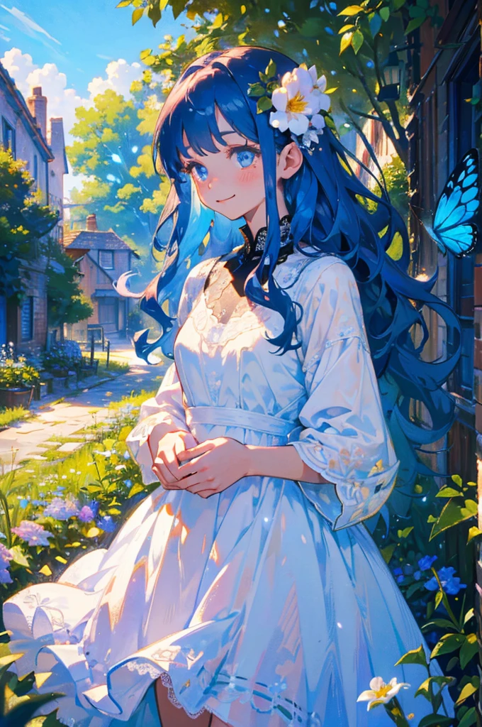 a young girl in a white lace dress, long blue wavy hair, BLUE HAIR, cute, cute smile, adorable, in a small village, holding a butterfly net, butterflies, flower field, natural light, detailed face, beautiful eyes, delicate features, soft colors, serene atmosphere, high quality, detailed, photorealistic, photo-realistic:1. 37, 4k, ultra-detailed, extremely detailed, hyperrealistic, highly detailed, masterpiece:1.2, vibrant colors, natural lighting, cinematic, dramatic, fantastic, magical, surreal.