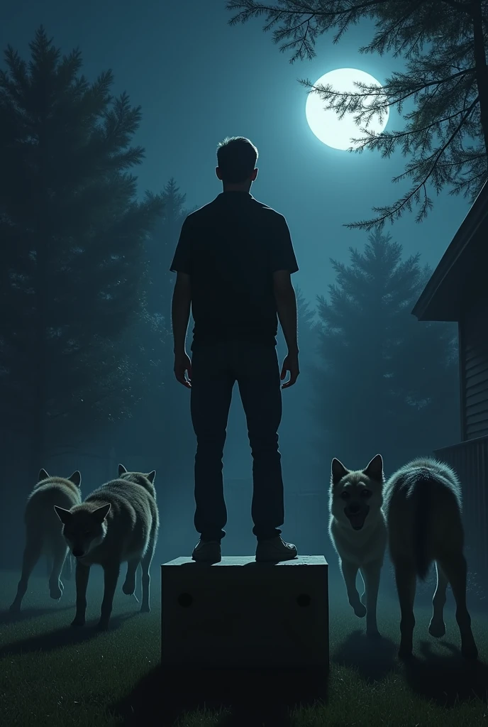 Man on top of a box scared at night in the dark in the backyard watching a werewolf running with 5 dogs