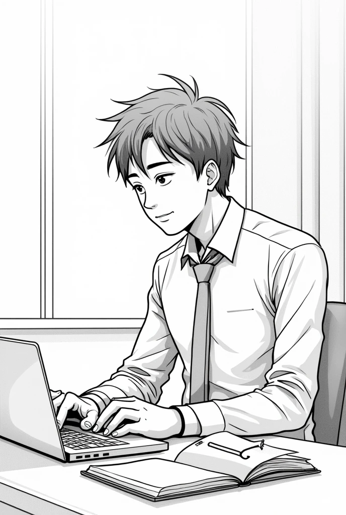Young Japanese businessman working in the office Coloring book style