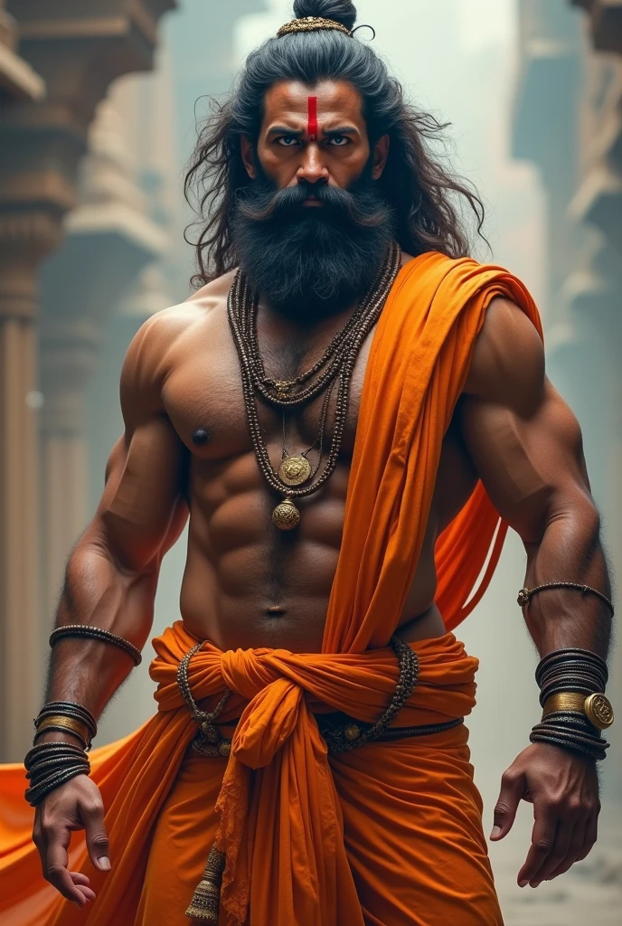 Create a lord Hanuman attitude and one tell, full HD powerful image. Blue eyes and six pack background blur. Full body Hanuman. Cloth orange color. Gale mein Rudraksh and hand mein Rudraksh.