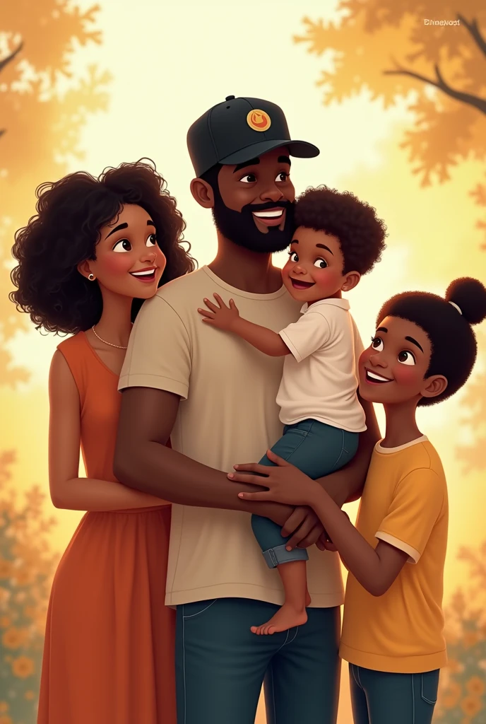 A black father in a black cap, with a white, curly-haired son in her arms,  a brunette with curly hair, On the left side, 
and a light-skinned daughter with black hair, on the right side,  happy,  celebrating father&#39;s day,  in Cartoon 