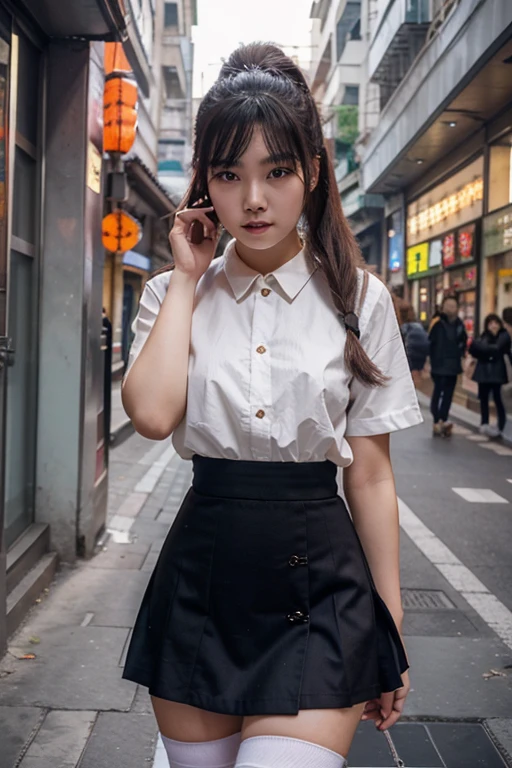 20 years old chinese woman beautiful ultra realistic as photo, in shanghai with a mini schoolgirl skirt and knee-high socks, with a very small waist and big hips