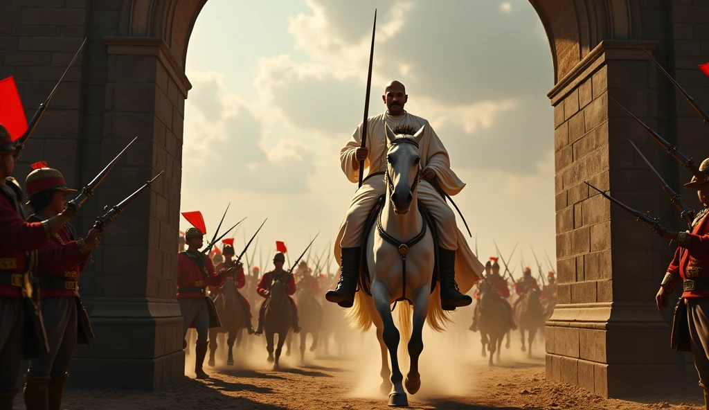 18th century Tipu Sultan of Mysore with bald head and  handlebar moustache with clean shaven chin and head wearing a silky muslin white gown holding a turkish  arched steel sword in right hand riding a white horse surrounded  by his soldiers  emerging from 8 feet dark stone arched Indian tunnel charging towards the British soldiers in red uniform who are targeting and firing with muskets in cinematic UHD landscape resolution