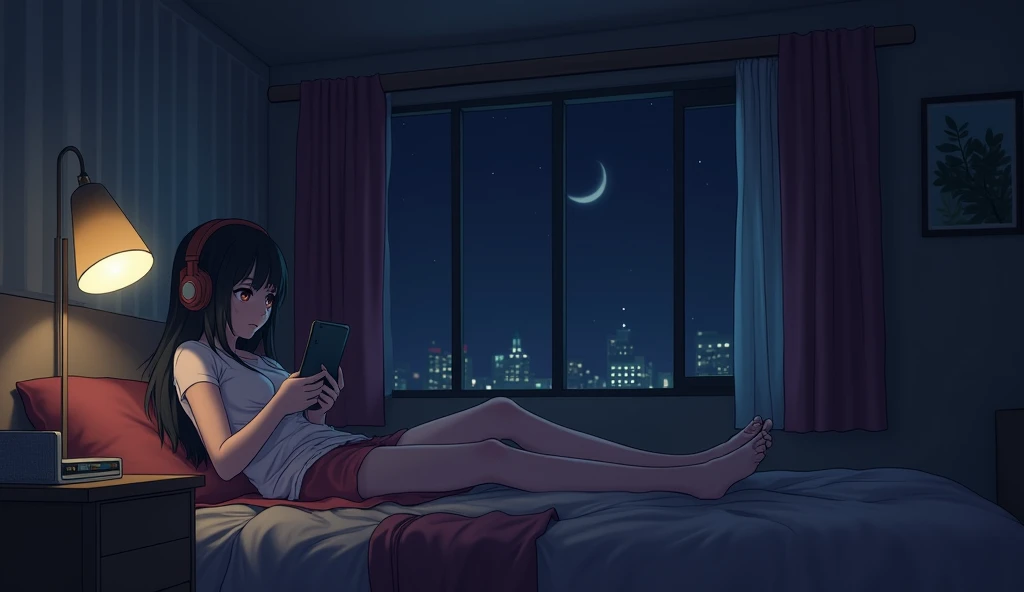 night、High school girl listening to music in a cozy room, Use headphones, 2D Style Anime, LOFI, hard disk, Dark Environment