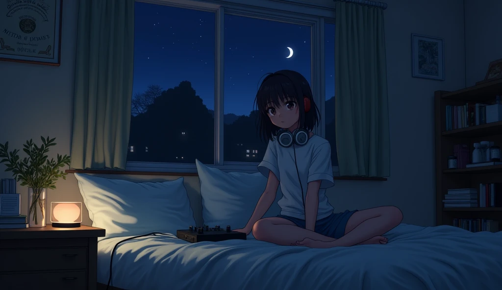 night、High school girl listening to music in a cozy room, Use headphones, 2D Style Anime, LOFI, hard disk, Dark Environment