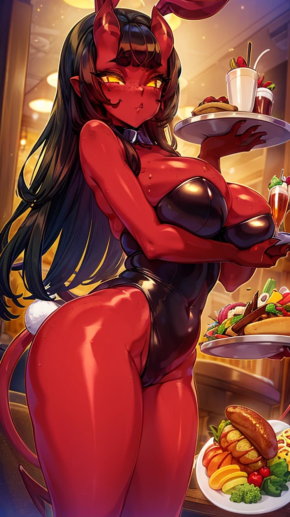 Beautiful picture), (Masterpiece), ((((Solo)))), ((big breasts)), (curvy), (sexually suggestive), (wearing latex bunny suit), perfect hands, sexy legs, (pouting), (bored), (holding a tray of food), (stockings), (demon horns), at a restaurant, (tight clothes),