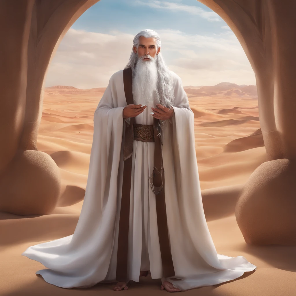 Masterpiece, Excellent, Single, 1 person, male, youth, ager, wizard, slimming, elf, silver hair, long hair, gray pupils, floating ball of light, white robe, robe, relax, desert detailed background