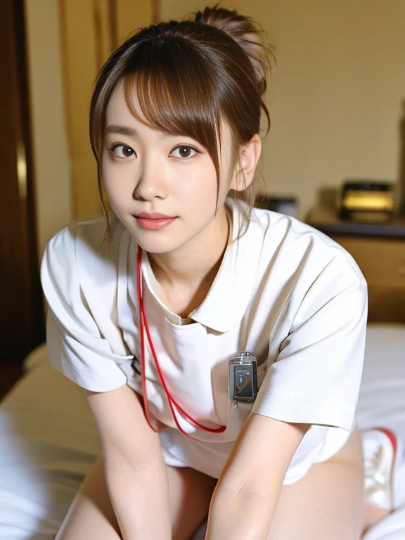 (Masterpiece, Best quality:1.4), (Ultra realistic, Photo-realistic:1.2), From above, From side, Sitting, Looking at viewer, Natural light, 25 years old actress, Japanese women, Neat and clean, (White nurse uniform:1.1), (ponytail:1.2), Short wavy hair, Light brown hair color, (Beautiful Face), Oval face, clear, (Beautiful eyes, Kind eyes), (Clear skin), Small face, (Small mouth, Beautiful mouth), Natural makeup, Approachable, Luxury hotel Suite room, On bed, Seductive smile, (Seductive pose:1.4), (Beautiful thighs:1.2), Bedroom eyes,