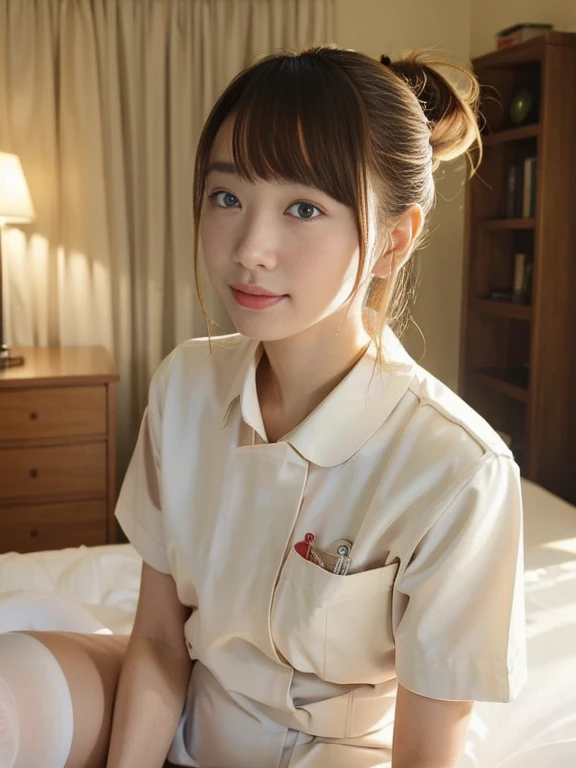 (Masterpiece, Best quality:1.4), (Ultra realistic, Photo-realistic:1.2), Full body, kneeling, Natural light, 25 years old actress, Japanese women, Neat and clean, (nurse uniform:1.1), Short ponytail, Short wavy hair, Light brown hair color, (Beautiful Face), Oval face, clear, (Beautiful eyes, Kind eyes), (Clear skin), Small face, (Small mouth, Beautiful mouth), Natural makeup, Approachable, Luxury hotel Suite room, On bed, Seductive smile, (Seductive pose:1.2), (Beautiful thighs:1.1), Bedroom eyes,