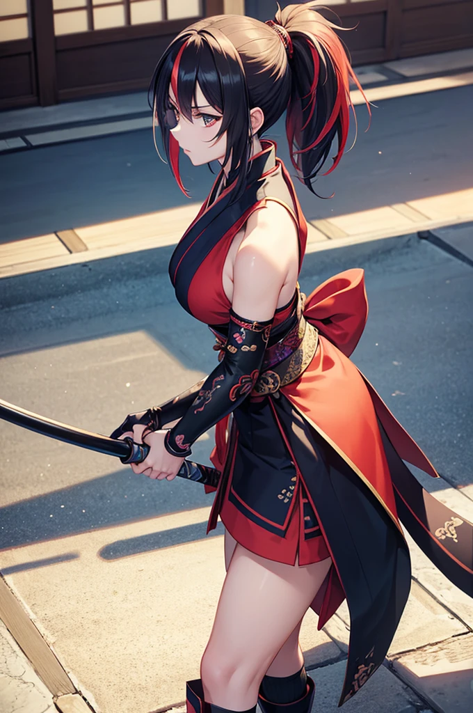 (garments)
• Crimson Combat Kimono
• Black belts and sachets
•chain mail
• Black tabi socks and sandals
• Japan sword at the waist
• Leather back on wrist
(Physical features):
・Breasts are normal、woman
• Tall stature、muscularity
• Sharp slit eye
• Sunburned skin blemishes and bruises
• Flowing black hair、Bundling at a lower position