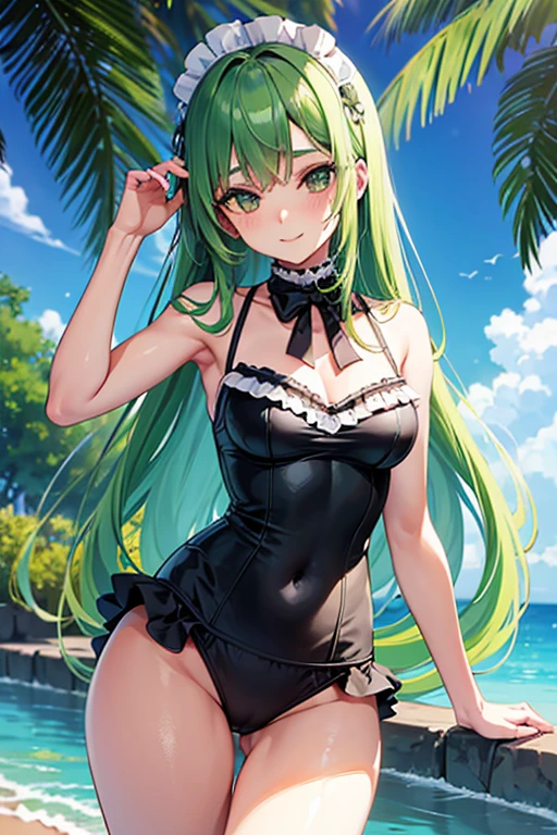 Beautiful 18 year old girl, eyes large, breasts big, small and slender, (very detailed hair: 1.0), maid swimsuit, very detailed official art, anime moe art style, clean and detailed anime art, ssmile, green haired, long straight hair, looking ahead at viewer 