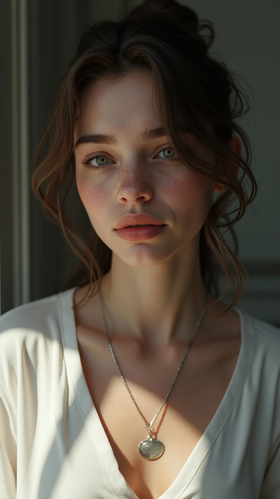 (head of&#39;artwork, Photorealistic:1.4, extremely complex:1.3, radiosity, photon maping, dtx, 8k), ((((necklace close up, t-shirt blanc, wetty, [mediuml :tetas grandes:0.8])), wetty, [skin detail:freckled:0.7:peau mate], naturel, 19 year old teenageel), Dark room, ((douche en pierre, douche en verre, to do the housework)))