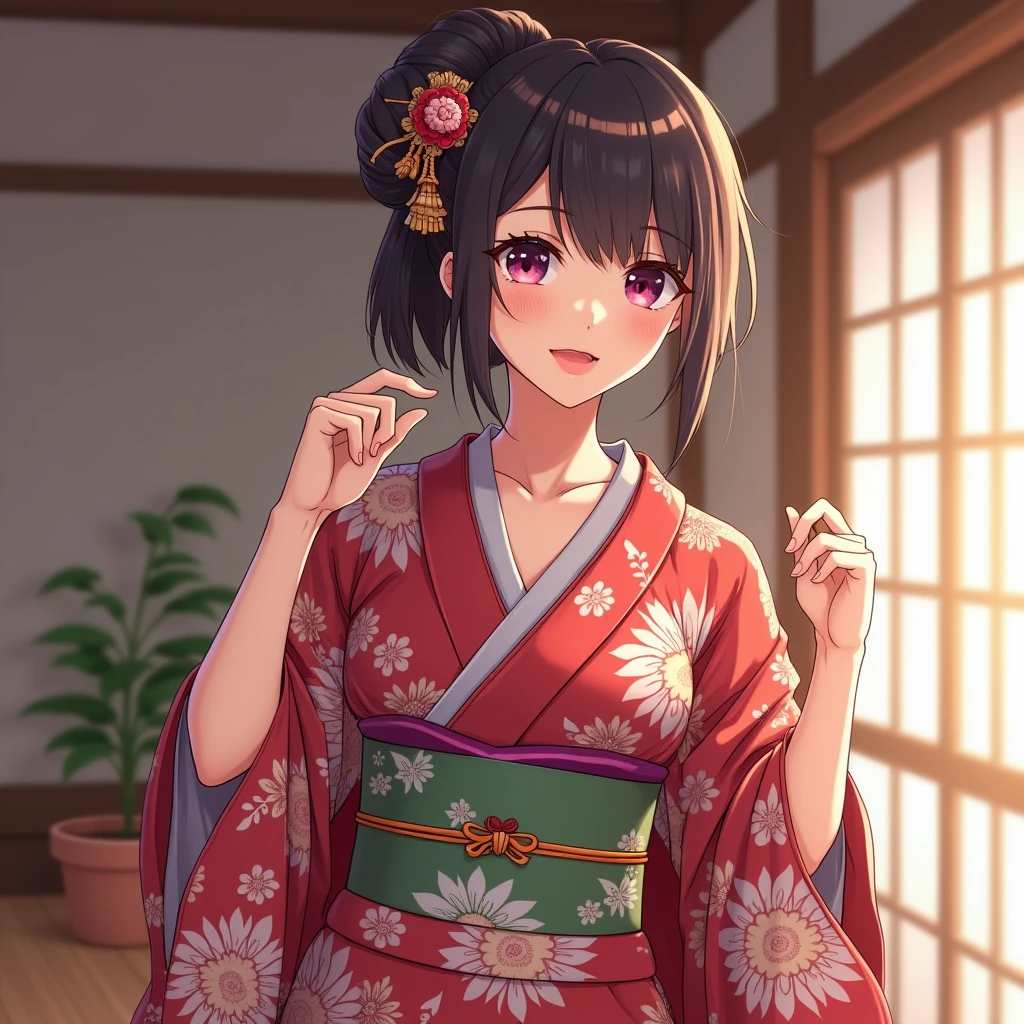 sexy Japanese woman in traditional cloth kimono and in anime style