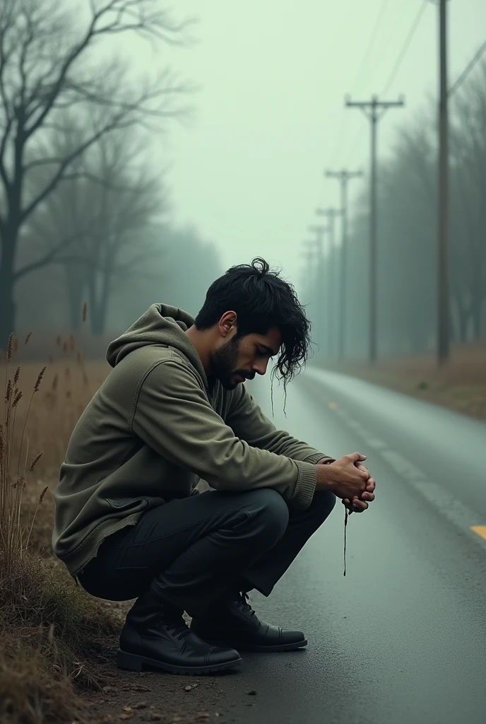 Poor young man cries at the road