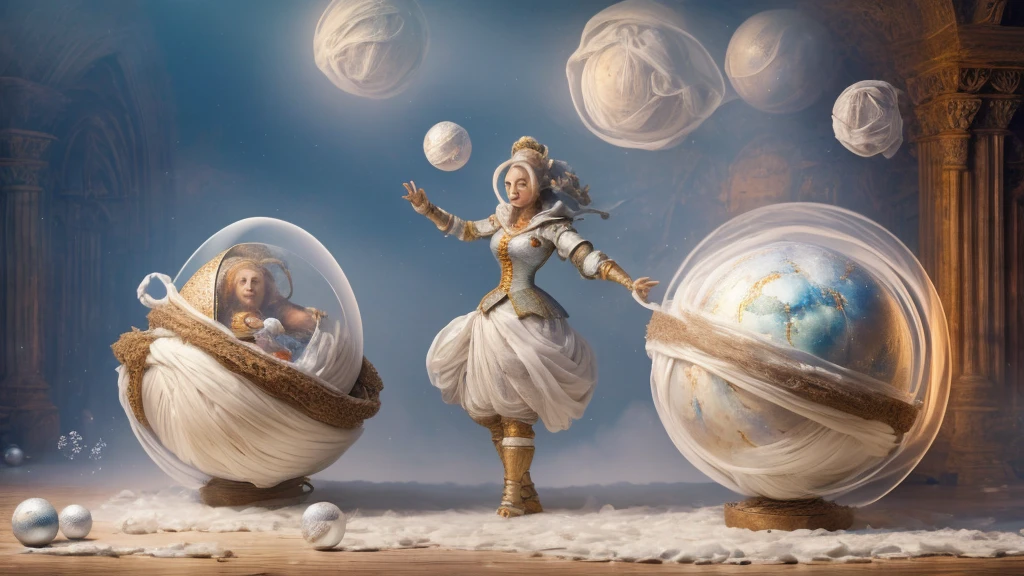 ((masterpiece, Mummy Monster, Missing legs, Sphere on sphere, Covered with white cloth)), Spinning, Soap bubble, On the wall, sunny,outside,Frayed cloth,Two spheres,Shaped like stacked snowballs,Fairy tale world