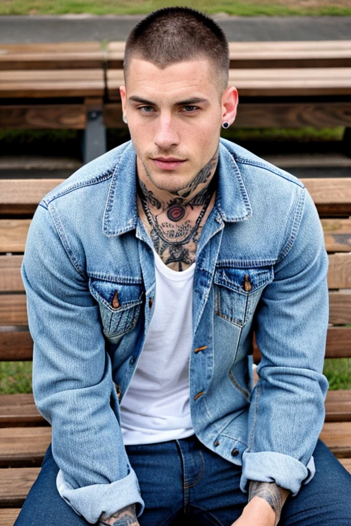 A young handsome masculine attractive rugged handsome 24 years old man in denim jacket with tattoo on neck detailed face sitting on a bench buzz cut seductive