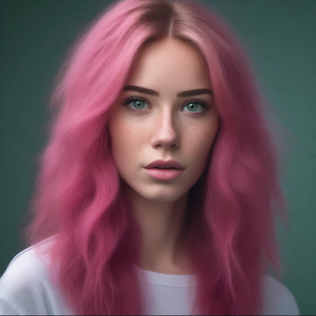 Beautiful 1 girl, standing alone, long hair, looking ahead at viewer, bangss, simple background, greeneyes, pink hair, parted lips, teeths, lips, eyelash, Messy hair, portraite, close up, freckles, realisitic