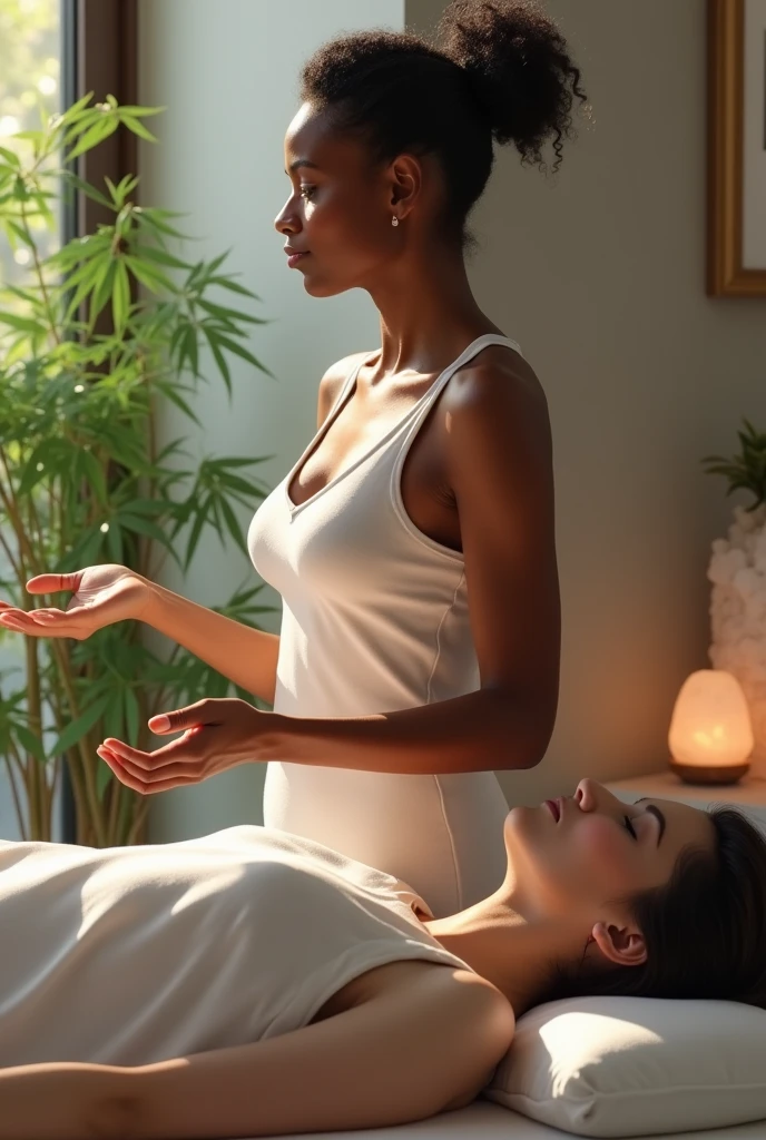 Black woman with short ponytail and quiff doing energy therapy without touching the body to white woman lying on a stretcher in an office with bamboo quartz, salt lamps