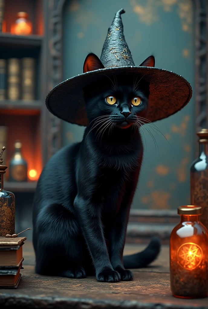 a cute black cat wearing witch'shat, in the style of dark amber and, hyper-detailed portraits, gothic fairytales, ethereal landscapes, hat, no humans, witch hat, cat, animal focus, animal, pumpkin, indoors, black headwear, wiccan artifacts, hyper-detailed,ultra-realistic, 8k,ultra-realistic, hyper-detailed, 32k uhd, (Background is Luxury witches room and magic room) Magic Items, Magic Bottle, Large Magic Bottles, Elven Magic Bottle, Fairy Magic Bottle, hexagram, Crystal Magic, magic books wiccan, 