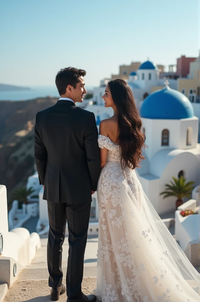 Santorini Wedding Long Hair Girl Off Shoulder Dress Tall Boy Black Hair A little longer
