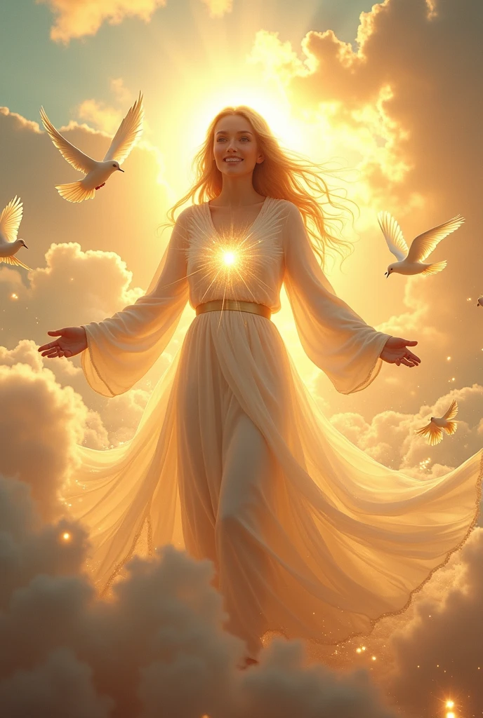 (Goddess of Hope:1.4), (masterpiece:1.4, best quality), (photo realistic:1.4), radiant and uplifting expression, glowing with a warm, golden light, dressed in flowing robes made of light and feathers, (hair cascading like rays of sunshine:1.2), (bright, hopeful eyes:1.2), gentle smile that brings comfort and inspiration, surrounded by a glowing aura of light, (background of a sunrise over a peaceful valley:1.2), (soft rays of sunlight breaking through clouds:1.2), (doves and butterflies flying around her:1.2), rich textures, vibrant colors, (soft golds:1.2), (light blues:1.2), (delicate whites:1.2), (dynamic composition with gentle curves and flowing lines:1.2), high-quality and detailed, (uplifting and inspiring atmosphere:1.2), transcendent and unique, perfect image quality, symbolizing renewal, optimism, and the power of hope, captivating and timeless presence