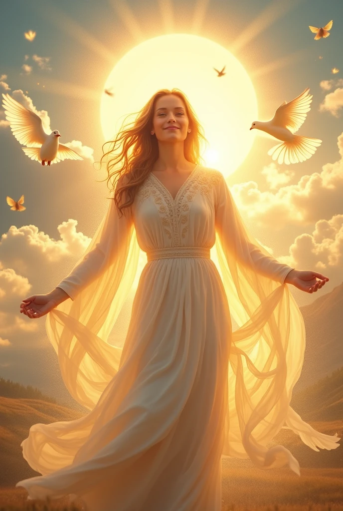 (Goddess of Hope:1.4), (masterpiece:1.4, best quality), (photo realistic:1.4), radiant and uplifting expression, glowing with a warm, golden light, dressed in flowing robes made of light and feathers, (hair cascading like rays of sunshine:1.2), (bright, hopeful eyes:1.2), gentle smile that brings comfort and inspiration, surrounded by a glowing aura of light, (background of a sunrise over a peaceful valley:1.2), (soft rays of sunlight breaking through clouds:1.2), (doves and butterflies flying around her:1.2), rich textures, vibrant colors, (soft golds:1.2), (light blues:1.2), (delicate whites:1.2), (dynamic composition with gentle curves and flowing lines:1.2), high-quality and detailed, (uplifting and inspiring atmosphere:1.2), transcendent and unique, perfect image quality, symbolizing renewal, optimism, and the power of hope, captivating and timeless presence