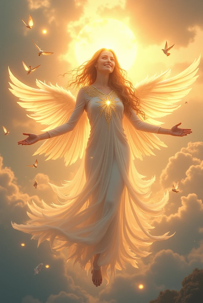 (Goddess of Hope:1.4), (masterpiece:1.4, best quality), (photo realistic:1.4), radiant and uplifting expression, glowing with a warm, golden light, dressed in flowing robes made of light and feathers, (hair cascading like rays of sunshine:1.2), (bright, hopeful eyes:1.2), gentle smile that brings comfort and inspiration, surrounded by a glowing aura of light, (background of a sunrise over a peaceful valley:1.2), (soft rays of sunlight breaking through clouds:1.2), (doves and butterflies flying around her:1.2), rich textures, vibrant colors, (soft golds:1.2), (light blues:1.2), (delicate whites:1.2), (dynamic composition with gentle curves and flowing lines:1.2), high-quality and detailed, (uplifting and inspiring atmosphere:1.2), transcendent and unique, perfect image quality, symbolizing renewal, optimism, and the power of hope, captivating and timeless presence