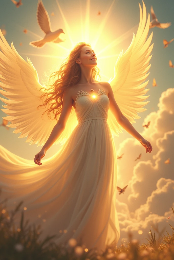 (Goddess of Hope:1.4), (masterpiece:1.4, best quality), (photo realistic:1.4), radiant and uplifting expression, glowing with a warm, golden light, dressed in flowing robes made of light and feathers, (hair cascading like rays of sunshine:1.2), (bright, hopeful eyes:1.2), gentle smile that brings comfort and inspiration, surrounded by a glowing aura of light, (background of a sunrise over a peaceful valley:1.2), (soft rays of sunlight breaking through clouds:1.2), (doves and butterflies flying around her:1.2), rich textures, vibrant colors, (soft golds:1.2), (light blues:1.2), (delicate whites:1.2), (dynamic composition with gentle curves and flowing lines:1.2), high-quality and detailed, (uplifting and inspiring atmosphere:1.2), transcendent and unique, perfect image quality, symbolizing renewal, optimism, and the power of hope, captivating and timeless presence