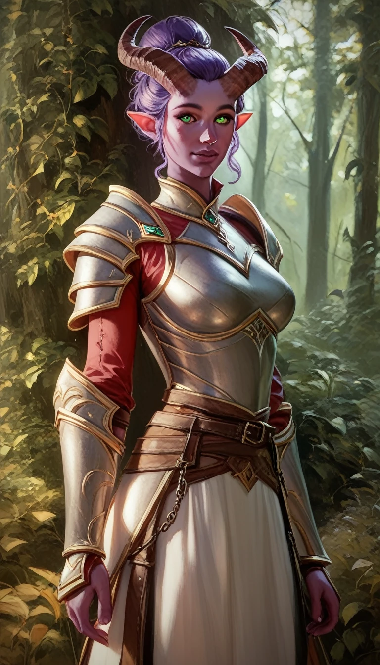 A fat purple-skinned tiefling female，robust，Tall and mighty，Brown horns，Purple hair，Hair Bun，Frontal image，Green eyes，3/4. Body，Behind it is a wood，Warrior Outfit，Red and white armor