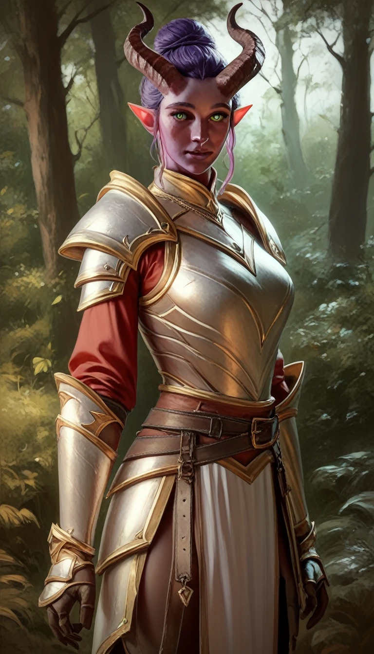 A fat purple-skinned tiefling female，robust，Tall and mighty，Brown horns，Purple hair，Hair Bun，Frontal image，Green eyes，3/4. Body，Behind it is a wood，Warrior Outfit，Red and white armor