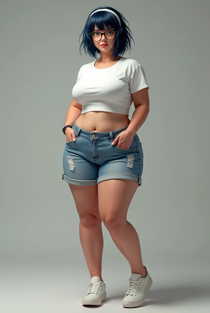 8k, high detailed picture, glam sexy mature woman, (full body shot), rounded face, very short hair, disheveled dark blue hair, ( yellow eyes:1.3), shy smile, perfect big breast, band on head look at you, (glasses:1.2), sashagrey, a long strand of hair from the bangs hangs between the eyes, accurate small snub nose, unbuttoned short shorts, camel toe, cropped white t-shirt, abs, sneakers
