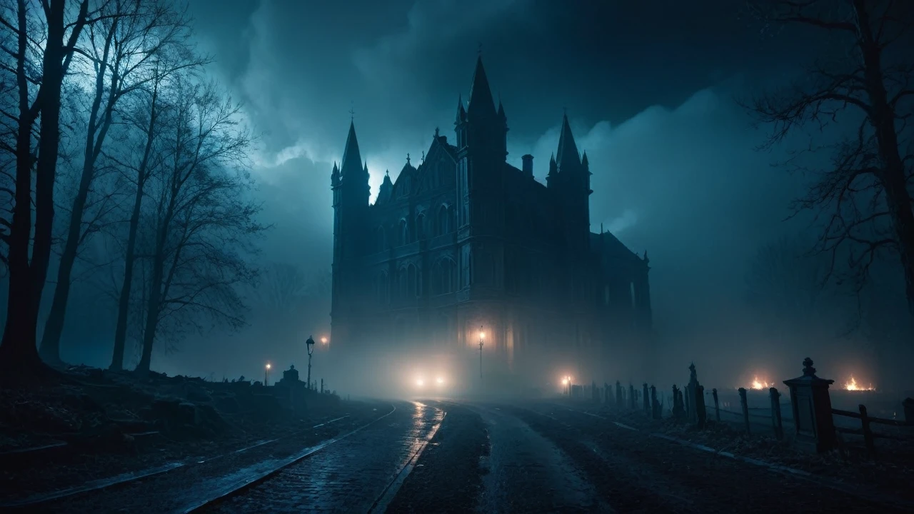 a dark and ominous atmosphere, a mysterious night scene, bluish tones, smoky haze, dramatic lighting, moody and eerie ambiance, detailed and realistic, cinematic composition, high quality, 8k, masterpiece