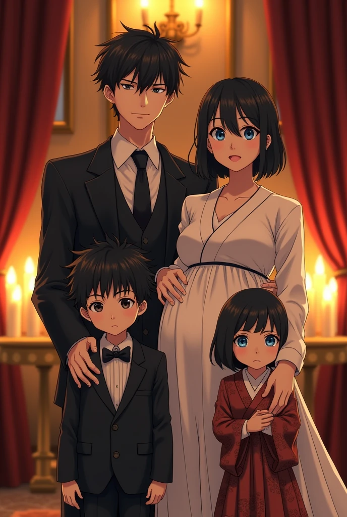 the small family photo features a 27-year-old husband, a 25-year-old wife, and two children, a 5-year-old boy and a 3-year-old girl. The background is a plain blue sky. The husband and his son are wearing matching black suits with black shirts and black ties, while the wife is in a black dress, and the daughter is also in a black dress. The layout shows the wife seated in the photo holding her son on her lap, while the husband stands upright, carrying his daughter.