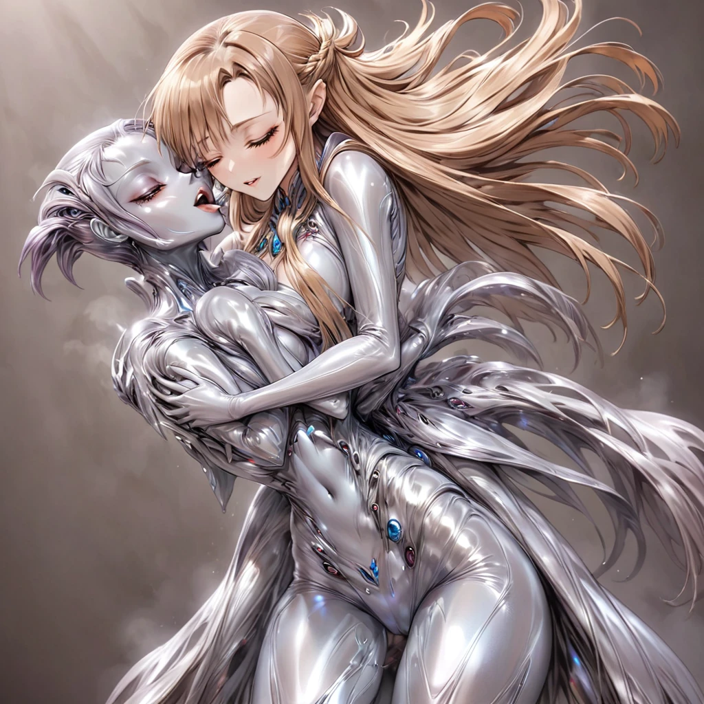 ((Highest quality)), ((masterpiece)), (detailed), (Perfect Face)、The woman is Yuuki Asuna, a completely metallic lifeform with metallic silver skin and face, and light brown metallic medium-long hair.、The woman is a metallic lifeform whose entire body and face are made of metal.、The king of the great male metallic lifeforms and the woman embrace, kiss, have , and make love.