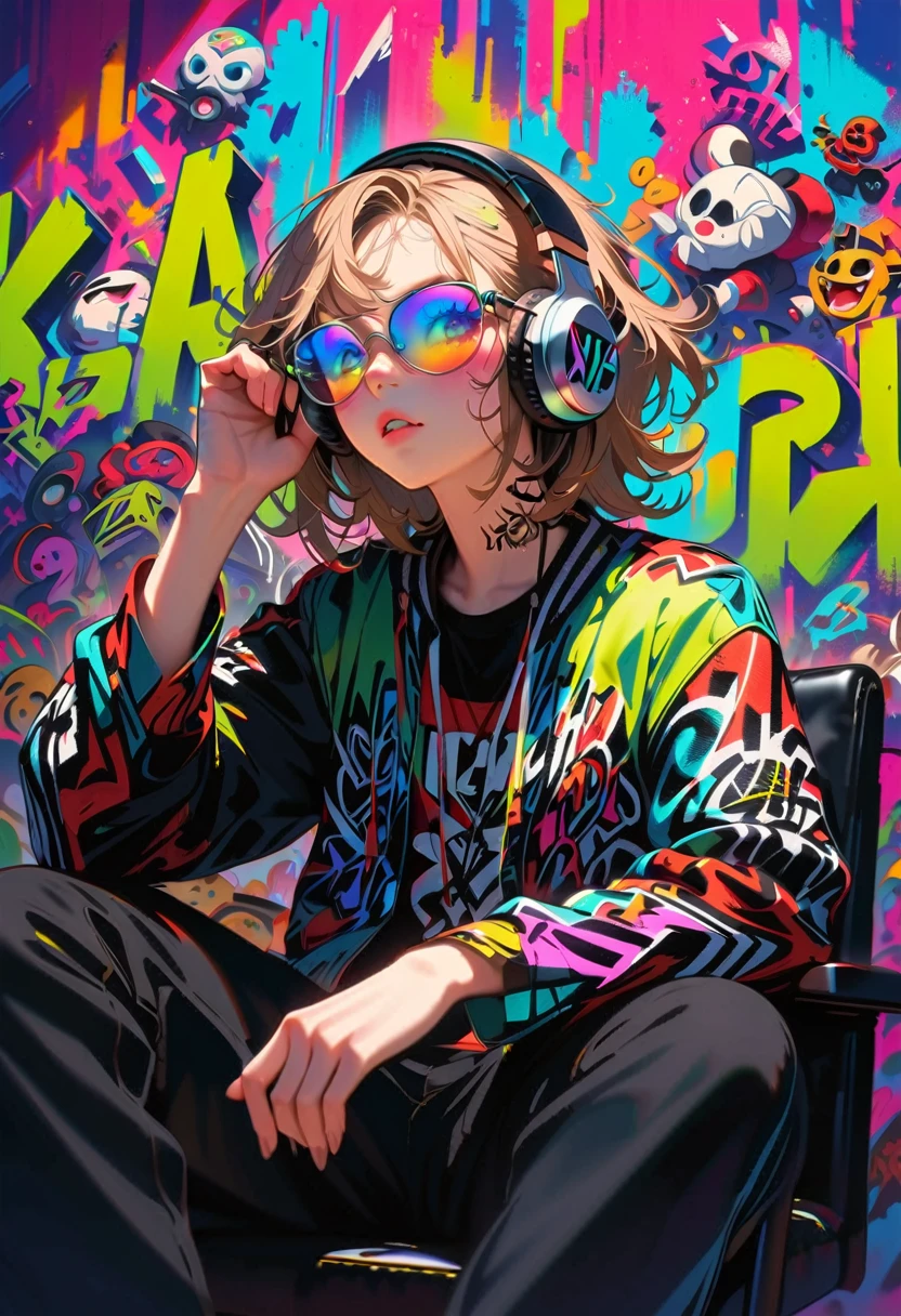 Style 5,Style 7,High resolution, (Best details) (Highest quality), Wear sunglasses、Alfie man sitting on sofa chair, Wearing headphones,(((Graffiti art))), (((Trigger Studio style, Graffiti art, Rock punk, Neon color))), Karn Griffiths